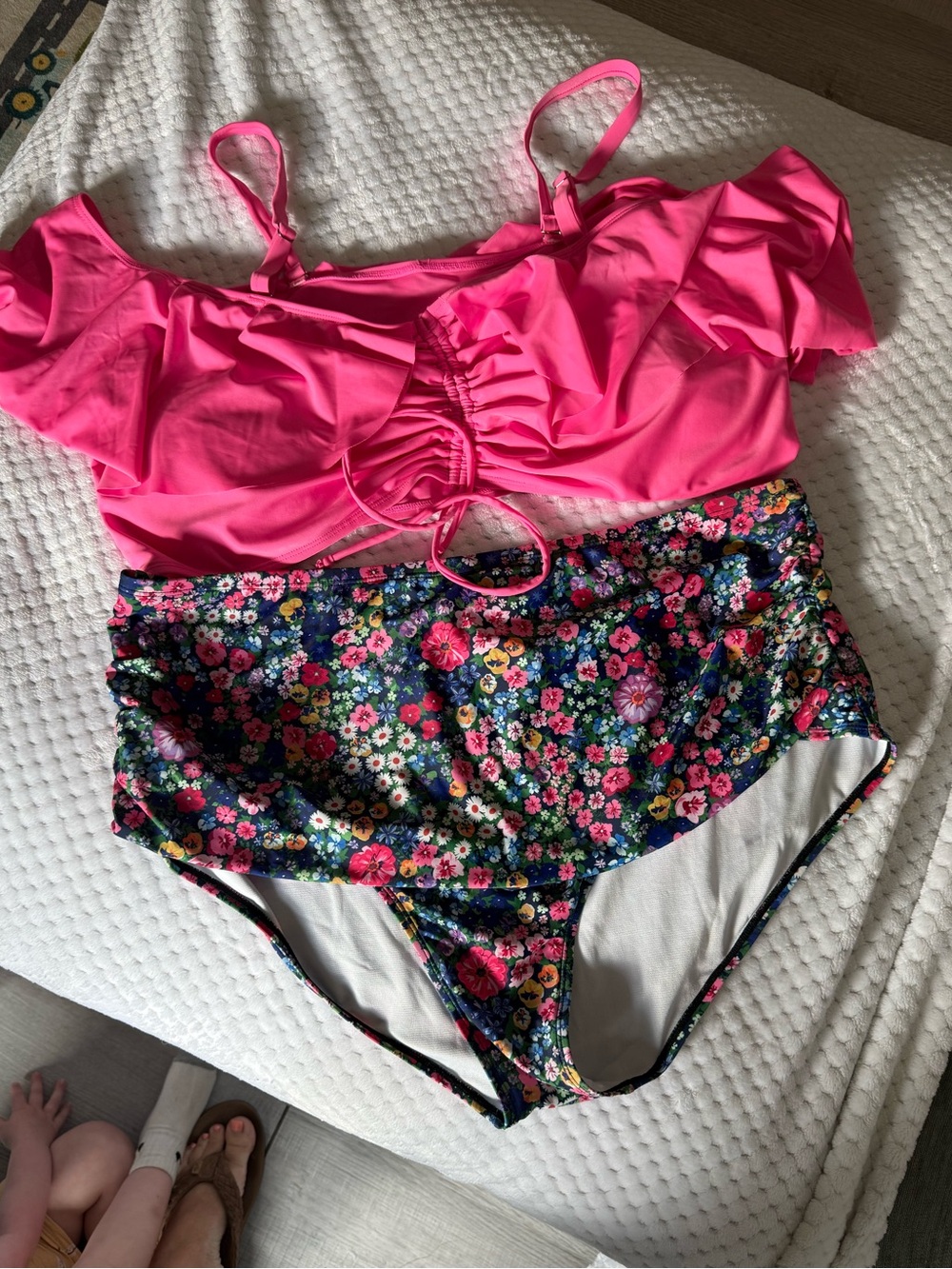 Hot Pink Ruffle Bikini Top with Floral High-Waist Bottom